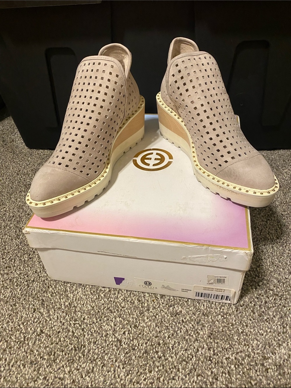 CECELIA NEW YORK Perforated Suede Wedge Booties - Taupe with Gold Trim